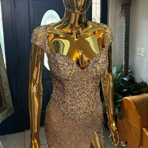 Size 2 Beaded Evening Gown Nude Silver Sequin Crystal Button Formal Dress